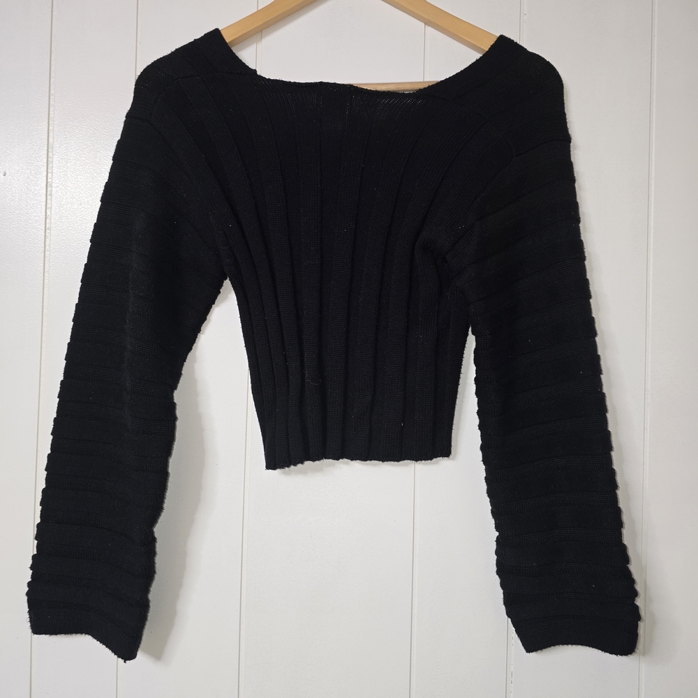 BDG Black Ribbed V-Neck Cropped Sweater Top - Picture 2 of 2